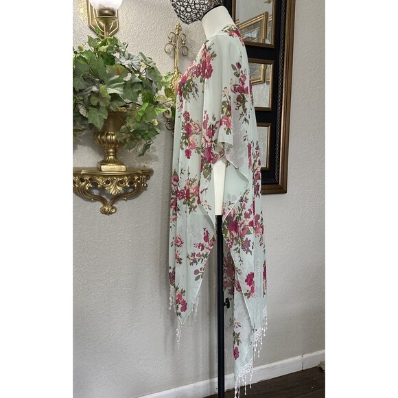 Boho Fringe Cardigan Floral Women’s Open Kimono Sheer Coverup Colorful One Size - Picture 3 of 12